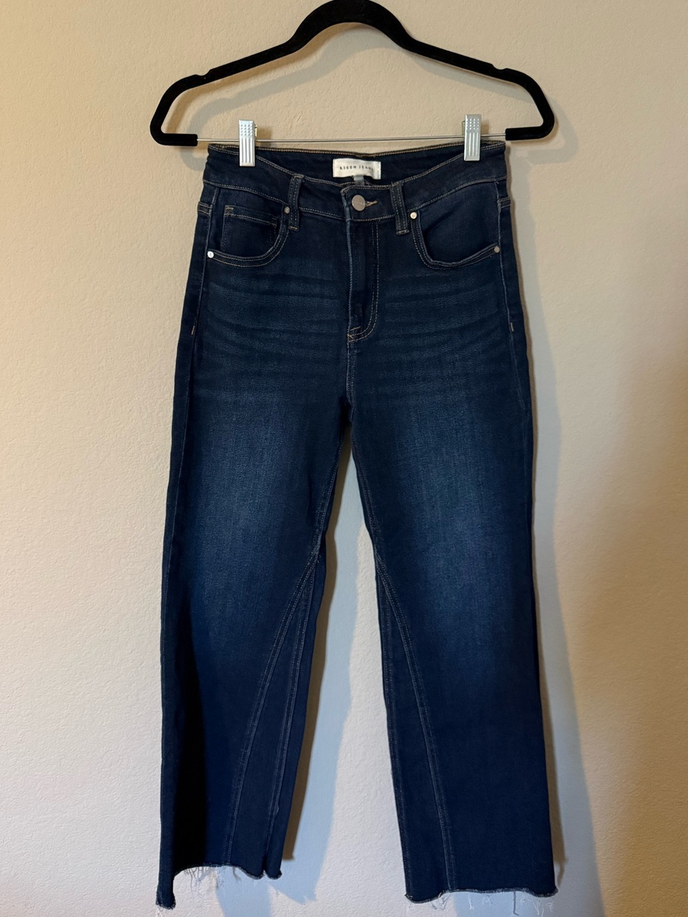 Risen High Rise Wide Leg Jeans Dark Wash Raw Hem Front Seam Size 5/27 - Picture 3 of 7